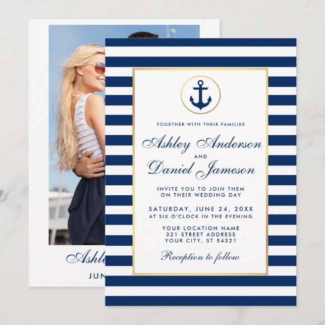 Nautical Wedding Blue Stripes Invite B Photo Back (Front/Back)