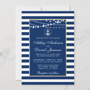 Nautical Wedding Blue Stripes Lights Invitation
