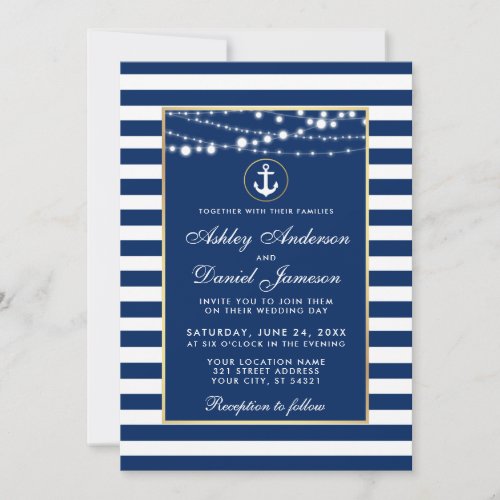 Nautical Wedding Blue Stripes Lights Invite W