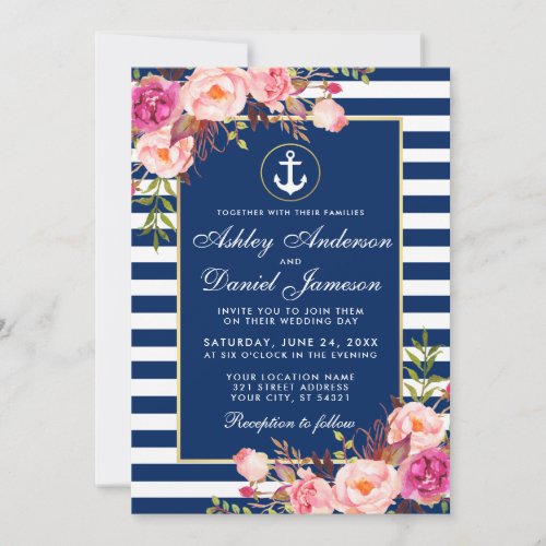 Nautical Wedding Blue Stripes Pink Floral Invite