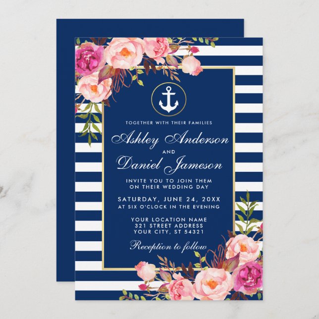 Nautical Wedding Blue Stripes Pink Floral Invite B (Front/Back)