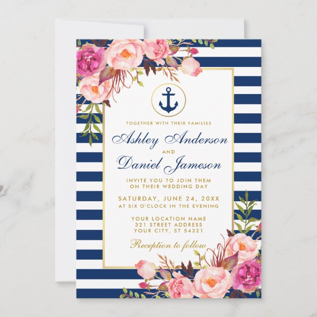 Nautical Wedding Blue Stripes Pink Floral Invite W (Front)