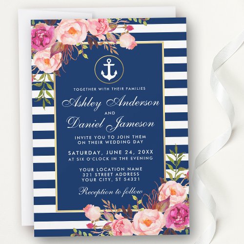 Nautical Wedding Blue Stripes Pink Floral Invite W