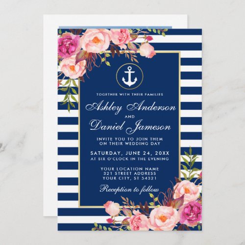 Nautical Wedding Blue Stripes Pink Floral Photo Invitation