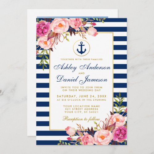 Nautical Wedding Blue Stripes Pink Floral Photo Invitation
