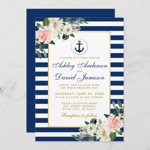 Nautical Wedding Blue Stripes White Pink Floral Invitation