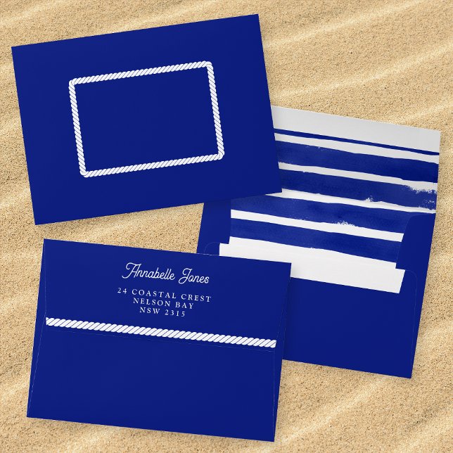 Nautical Wedding Blue Watercolor Rope Striped Envelope (Mockup of front, back and inside of envelope.)