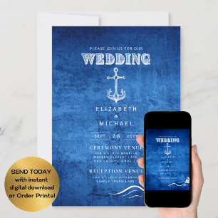 Nautical Wedding Blue White Anchor Digital  Invitation