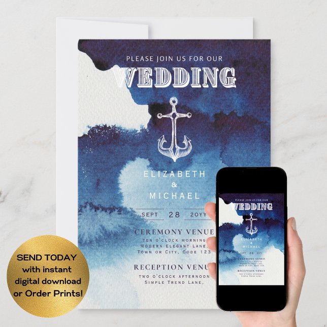 Nautical Wedding Blue White Anchor Digital  Invitation (Creator Uploaded)