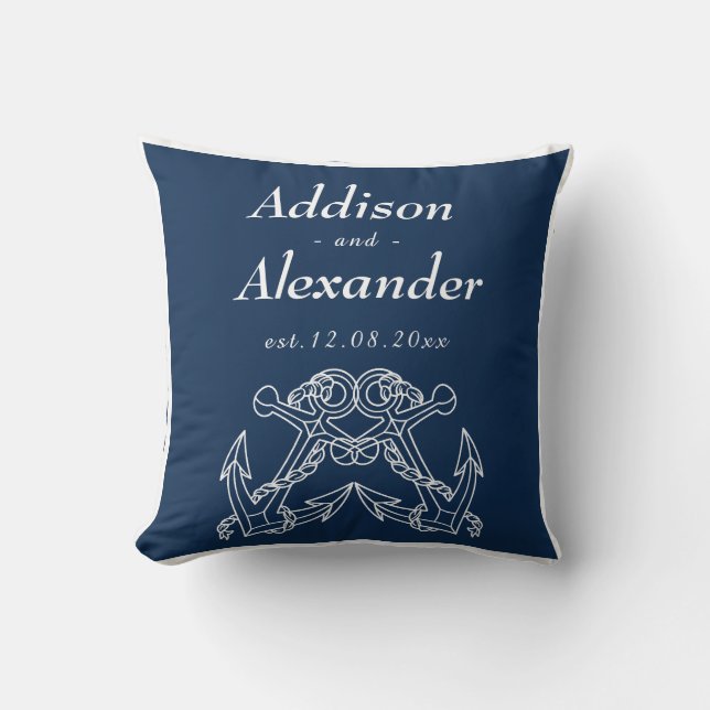 Nautical Wedding Blue White Anchor Names Date Thro Throw Pillow (Front)