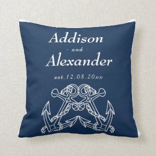 Nautical Wedding Blue White Anchor Names Date Thro Throw Pillow