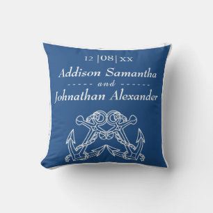 Nautical Wedding Blue White Anchor Names Date Throw Pillow