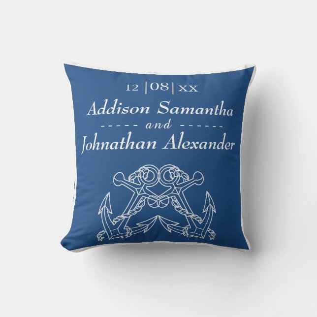 Nautical Wedding Blue White Anchor Names Date Throw Pillow (Front)
