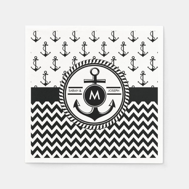 Nautical Wedding Bride and Groom Names Monogram Paper Napkins (Front)