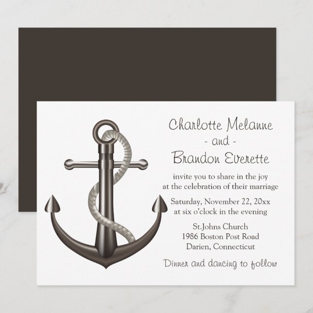 Nautical Wedding Brown Ship Anchor Beach Sailor Invitation (Front/Back)