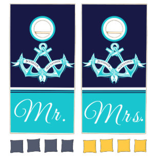 Nautical Wedding Coastal Couple Mr Mrs Teal Navy  Cornhole Set