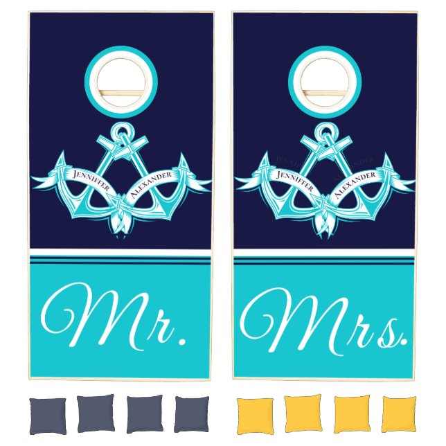 Nautical Wedding Coastal Couple Mr Mrs Teal Navy  Cornhole Set (Set)