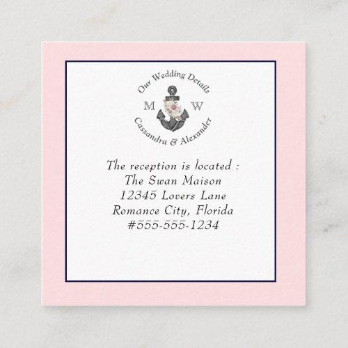Nautical Wedding detail Floral Anchor Pink Navy  Enclosure Card