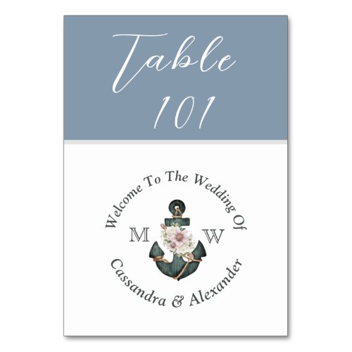Nautical Wedding Dusty Blue Monogram Floral Anchor Table Number