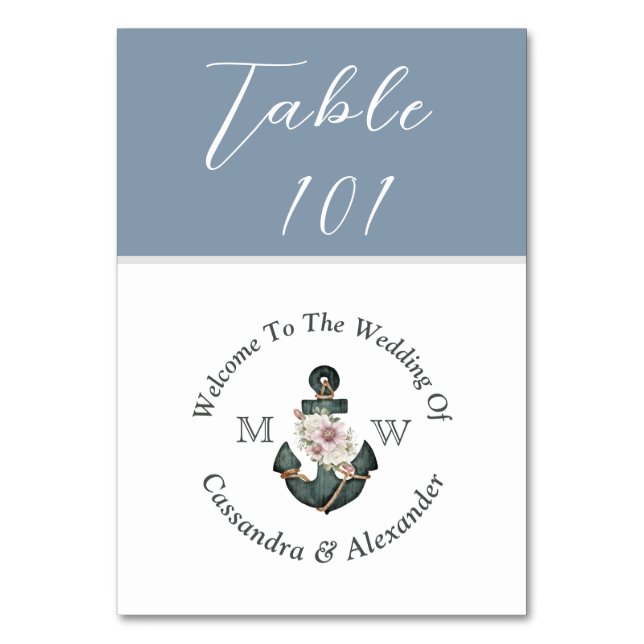 Nautical Wedding Dusty Blue Monogram Floral Anchor Table Number (Front)