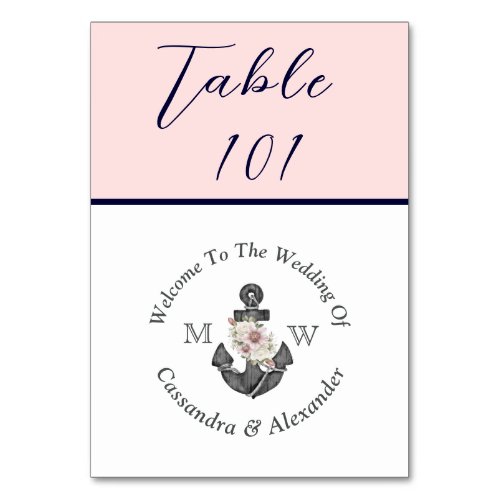 Nautical Wedding Dusty Blush Pink Navy Blue Table Number