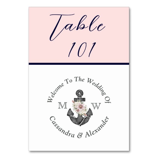 Nautical Wedding Dusty Blush Pink Navy Blue Table Number (Front)