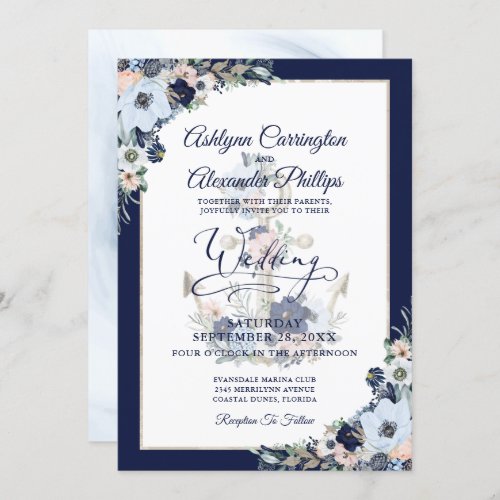 Nautical Wedding Elegant Floral Anchor Invitation