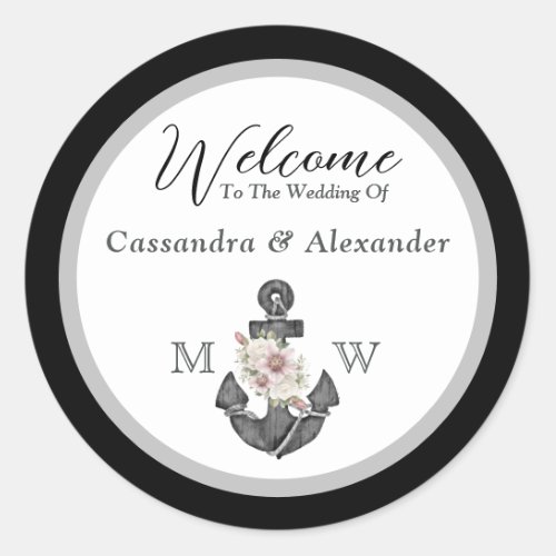 Nautical Wedding Floral Anchor Black and White Classic Round Sticker