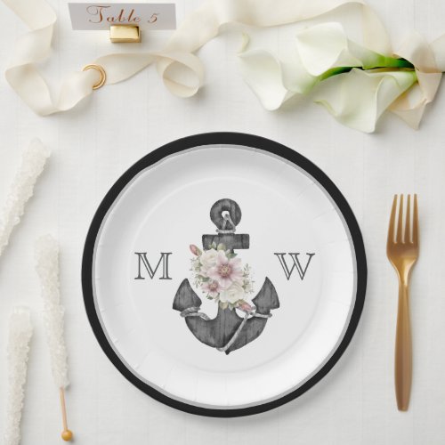 Nautical Wedding Floral Anchor Black and White Paper Plates