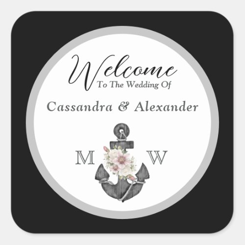 Nautical Wedding Floral Anchor Black and White Square Sticker