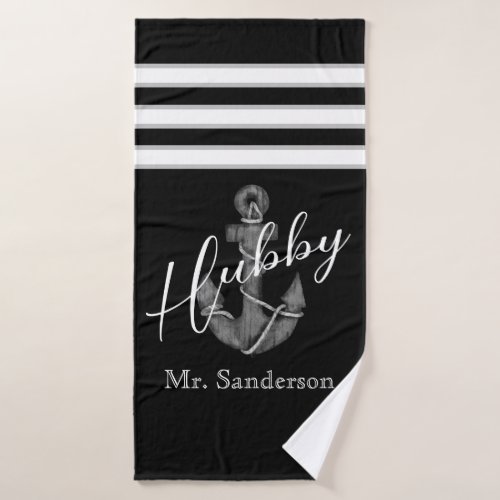 Nautical Wedding Floral Anchor Black White Beach Bath Towel