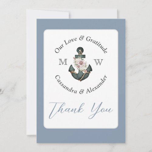 Nautical Wedding Floral Anchor Dusty Blue Thank You Card