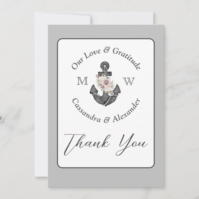Nautical Wedding Floral Anchor Gray and White Thank You Card (Front)