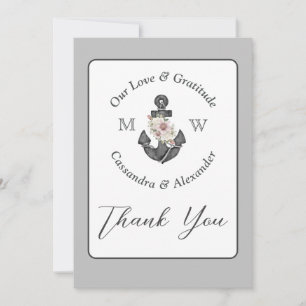 Nautical Wedding Floral Anchor Gray and White Thank You Card