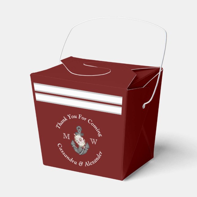 Nautical Wedding Floral Anchor Maroon Burgundy Red Favor Boxes (Front Side)