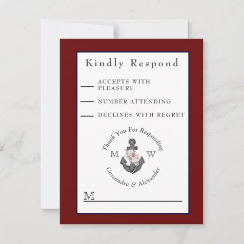 Nautical Wedding Floral Anchor Maroon Burgundy Red RSVP Card