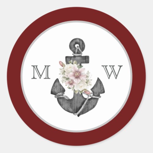 Nautical Wedding Floral Anchor Maroon Red  White Classic Round Sticker