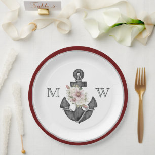 Nautical Wedding Floral Anchor Maroon Red White Paper Plates