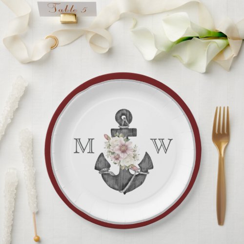Nautical Wedding Floral Anchor Maroon Red  White Paper Plates