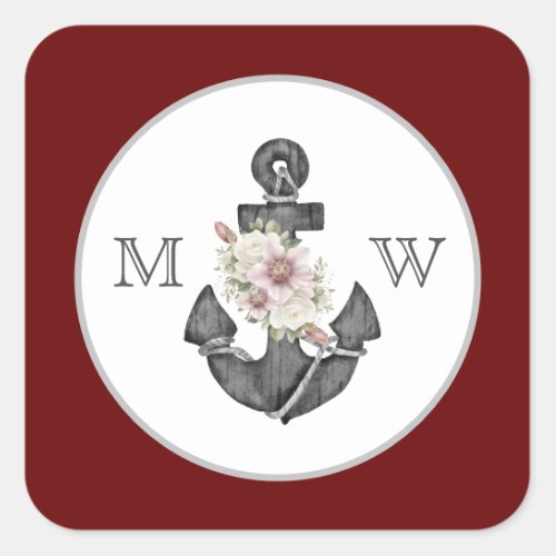 Nautical Wedding Floral Anchor Maroon Red  White Square Sticker