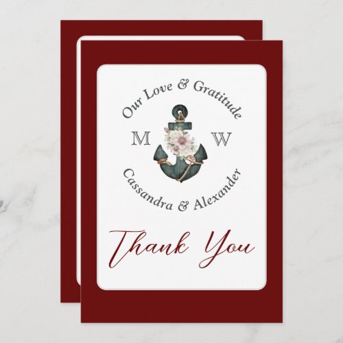 Nautical Wedding Floral Anchor Maroon Rust Red Thank You Card