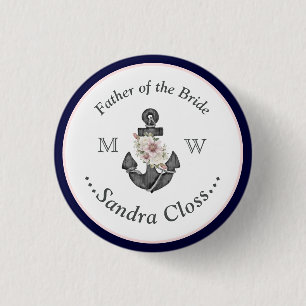 Nautical Wedding Floral Anchor Navy Blue and Pink Button