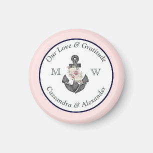 Nautical Wedding Floral Anchor Navy Blue and Pink Magnet