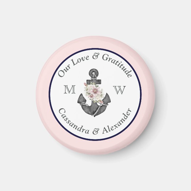 Nautical Wedding Floral Anchor Navy Blue  and Pink Magnet (Front)