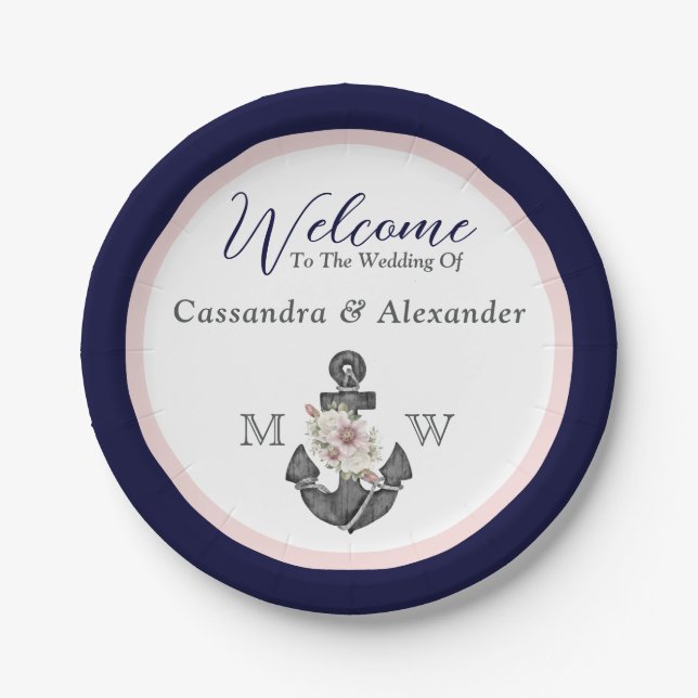 Nautical Wedding Floral Anchor Navy Blue  and Pink Paper Plates (Front)