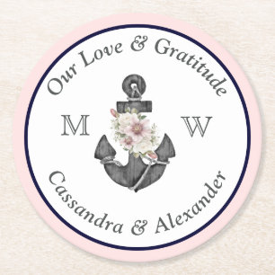Nautical Wedding Floral Anchor Navy Blue and Pink Round Paper Coaster