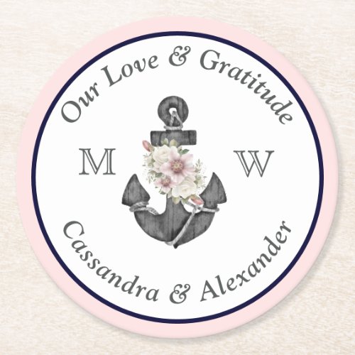 Nautical Wedding Floral Anchor Navy Blue  and Pink Round Paper Coaster