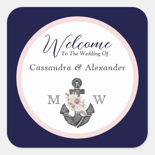 Nautical Wedding Floral Anchor Navy Blue  and Pink Square Sticker