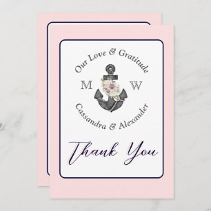 Nautical Wedding Floral Anchor Navy Blue and Pink Thank You Card