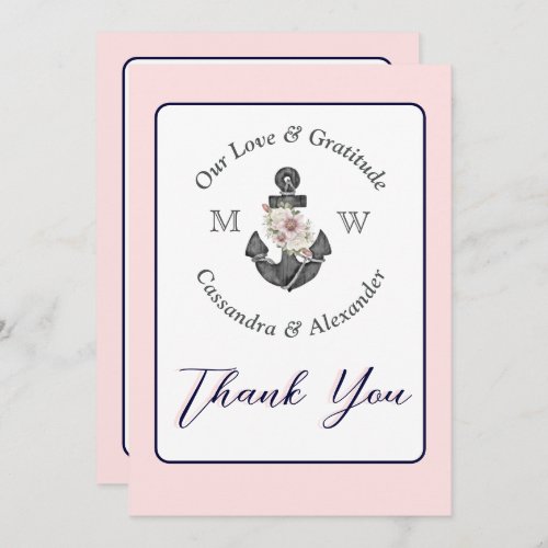 Nautical Wedding Floral Anchor Navy Blue  and Pink Thank You Card